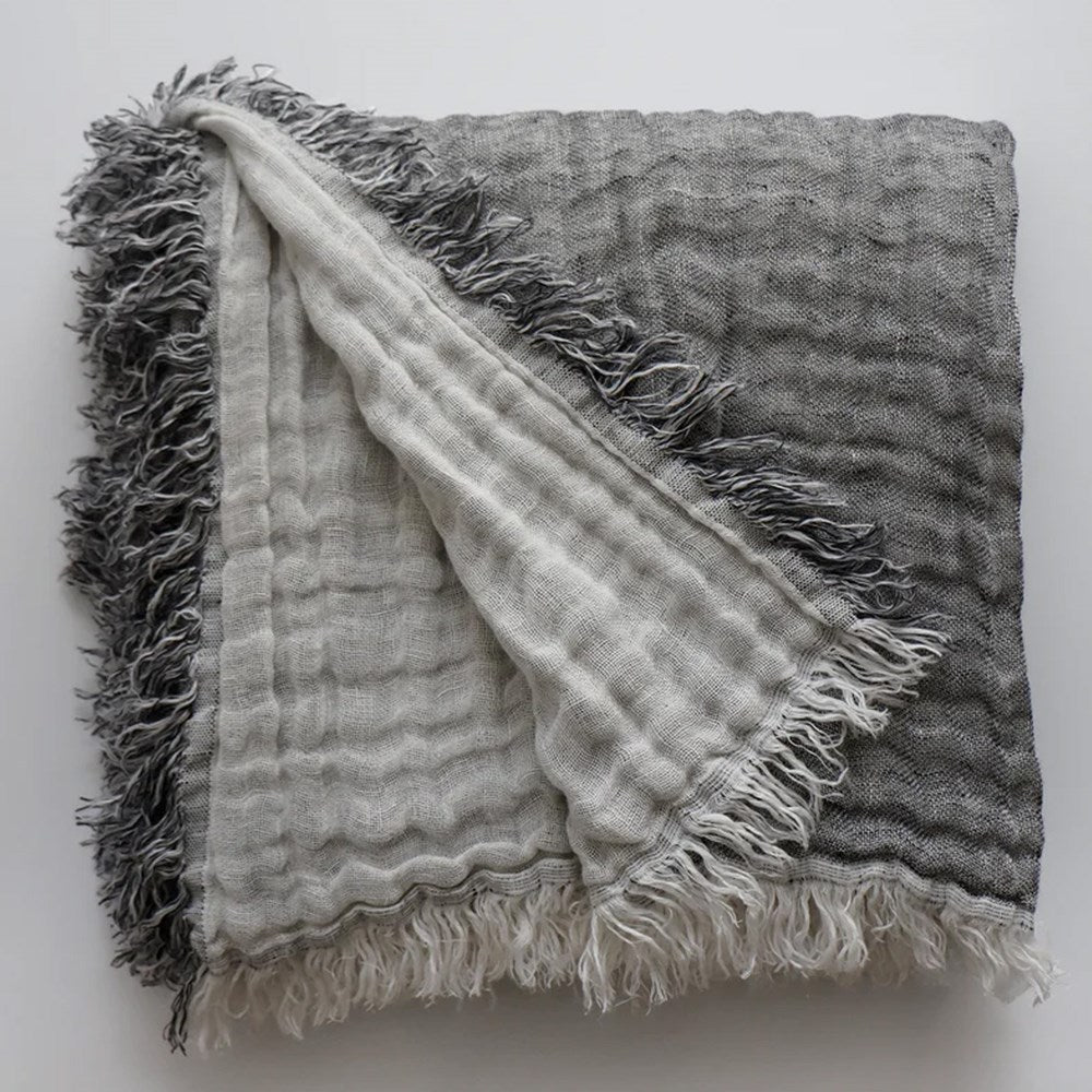 Lia Linen Muslin Fringed Throw - Ink