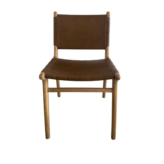 Mid Century Modern Tan Leather and Teak Dining Chair