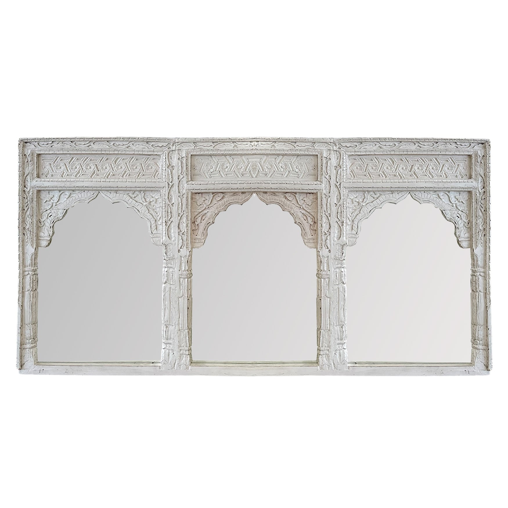 Triple Arch Carved Indian Mirror - White