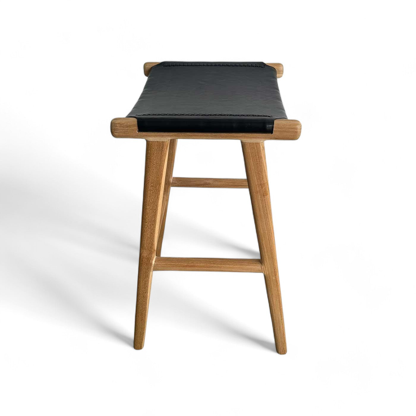 Black Leather and Teak Scandi Bar Stool