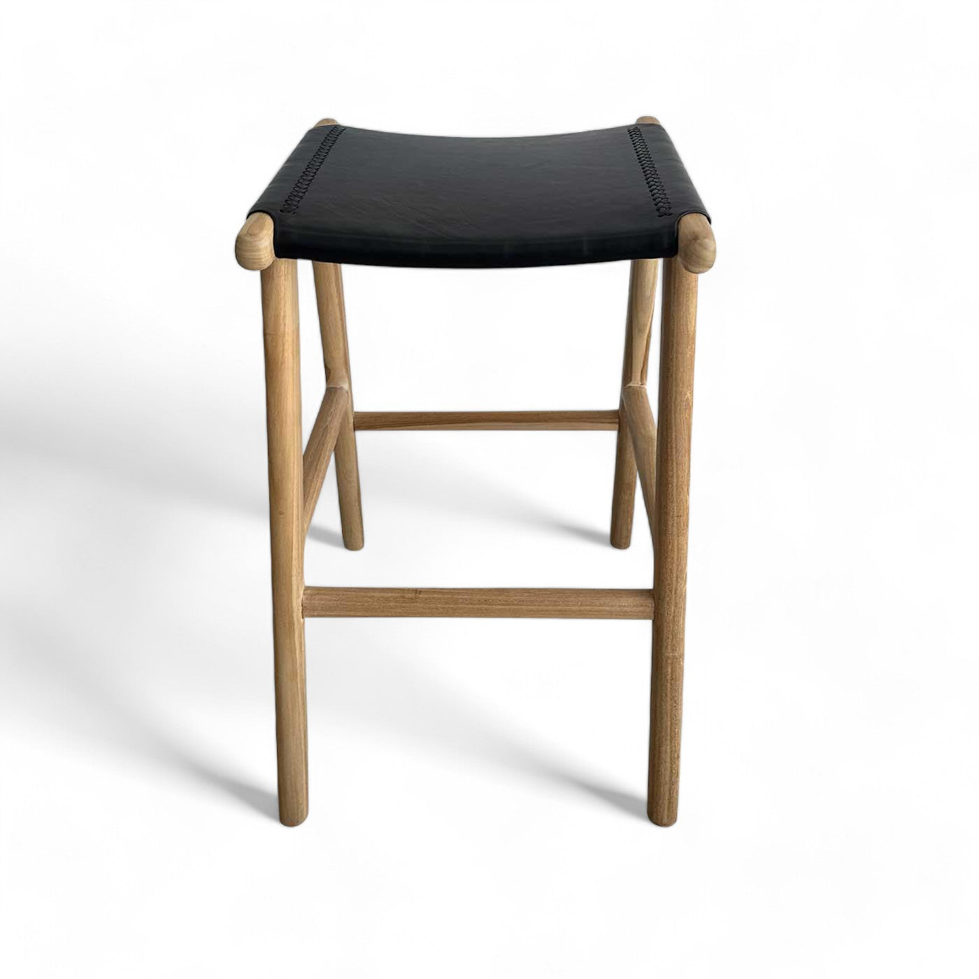 Black Leather and Teak Scandi Bar Stool