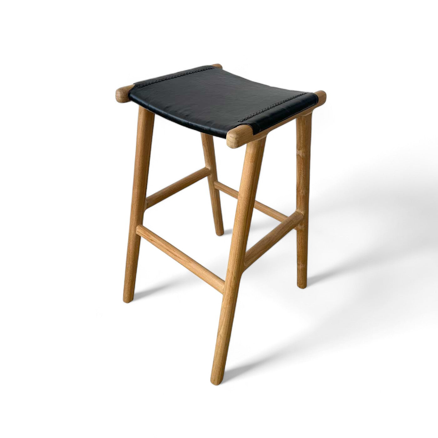 Black Leather and Teak Scandi Bar Stool