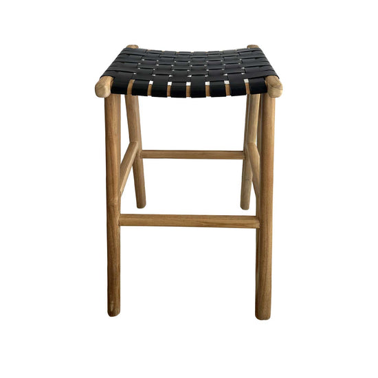 Black Woven Leather and Teak Scandi Bar Stool