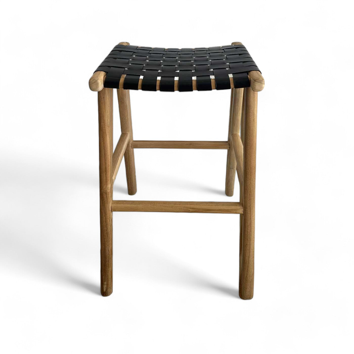 Black Woven Leather and Teak Scandi Bar Stool