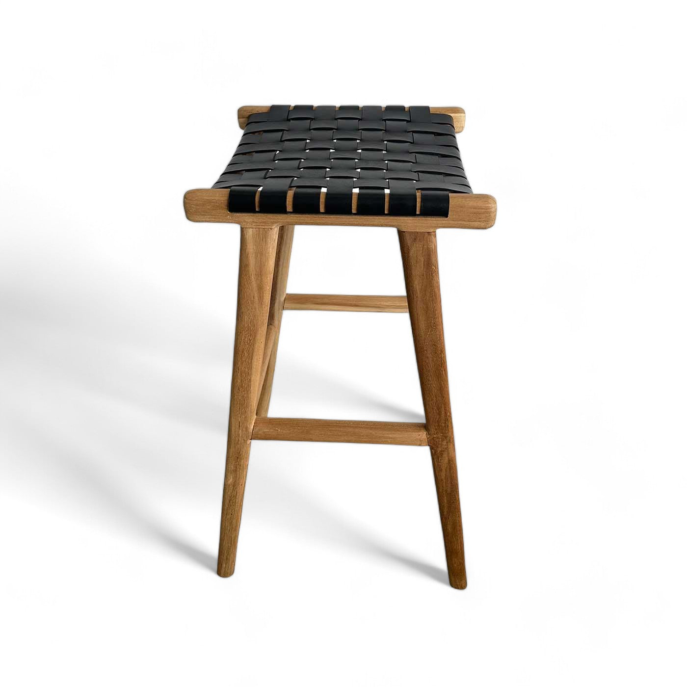 Black Woven Leather and Teak Scandi Bar Stool