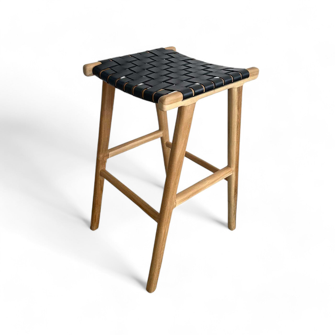 Black Woven Leather and Teak Scandi Bar Stool