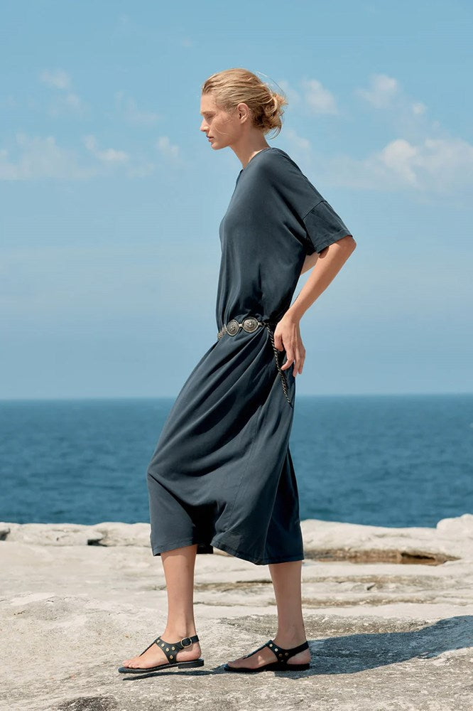 Box Cotton/Tencel Long T-Shirt Dress - Washed Black