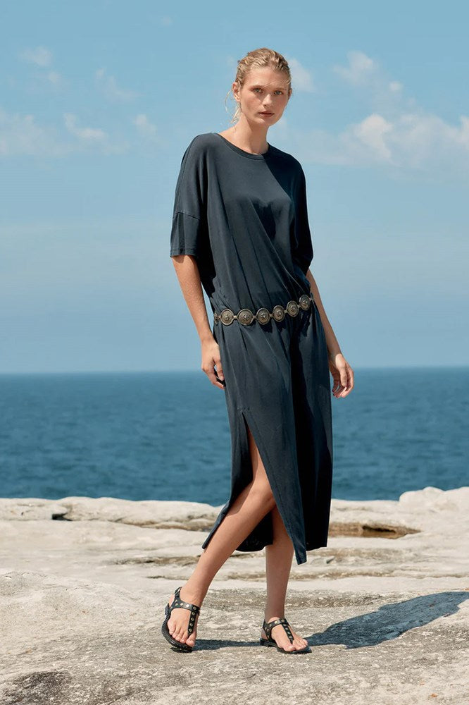 Box Cotton/Tencel Long T-Shirt Dress - Washed Black