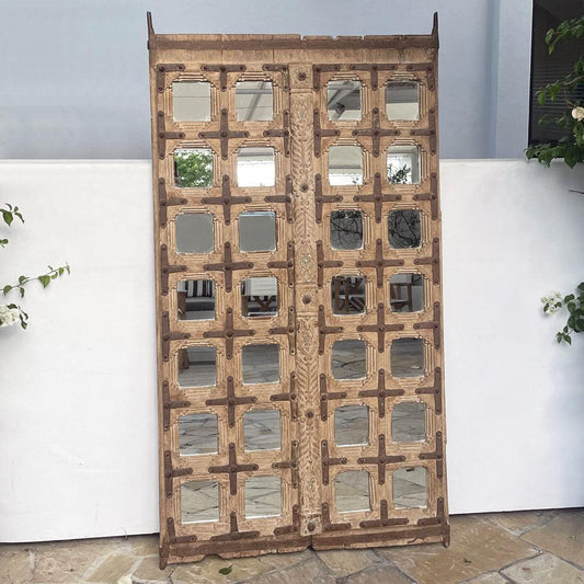 Carved Indian Glass Panel Door - Bleached