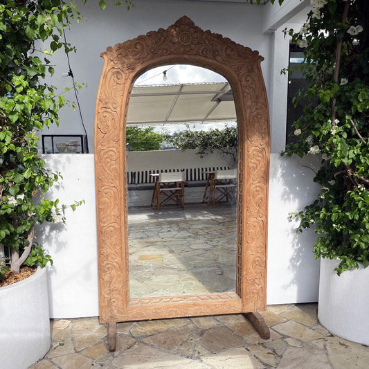 Carved Oval Indian Mirror On Stand - Raw