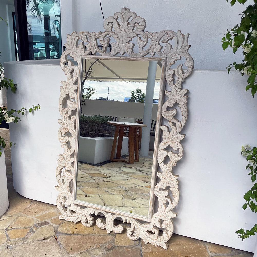 Carved Timber Wall Mirror - White