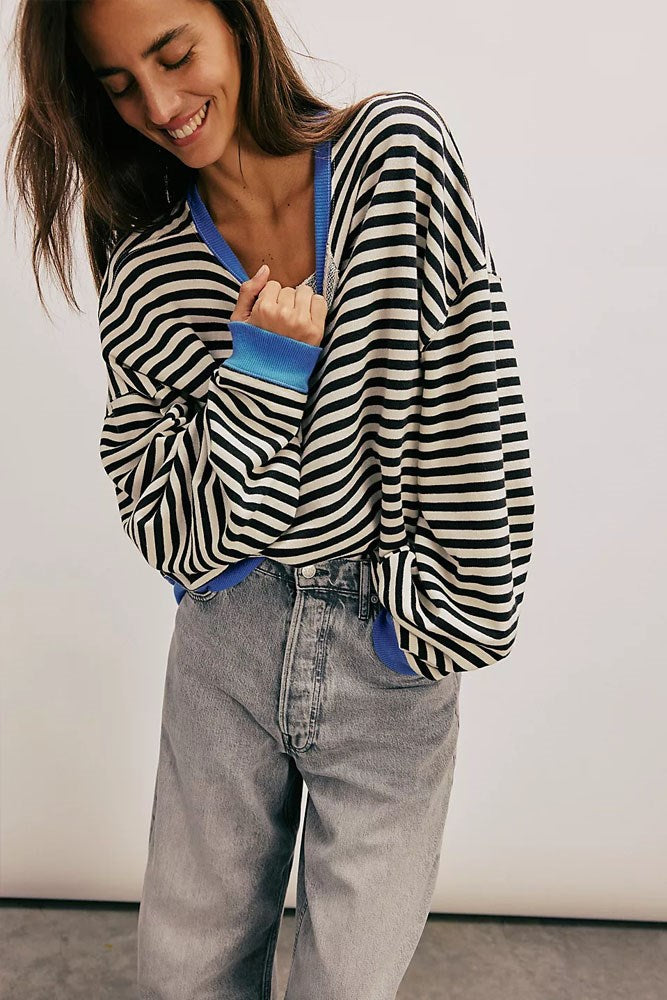 Classic Striped Oversized Crewneck – Black Combo