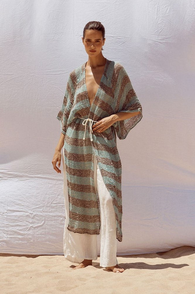 Estilo Emporio-Corda Maxi Duster - Chocolate/Turquoise Pescatore Stripe-Tops-st-barts-brisbane-goldcoast-cabarita-southport