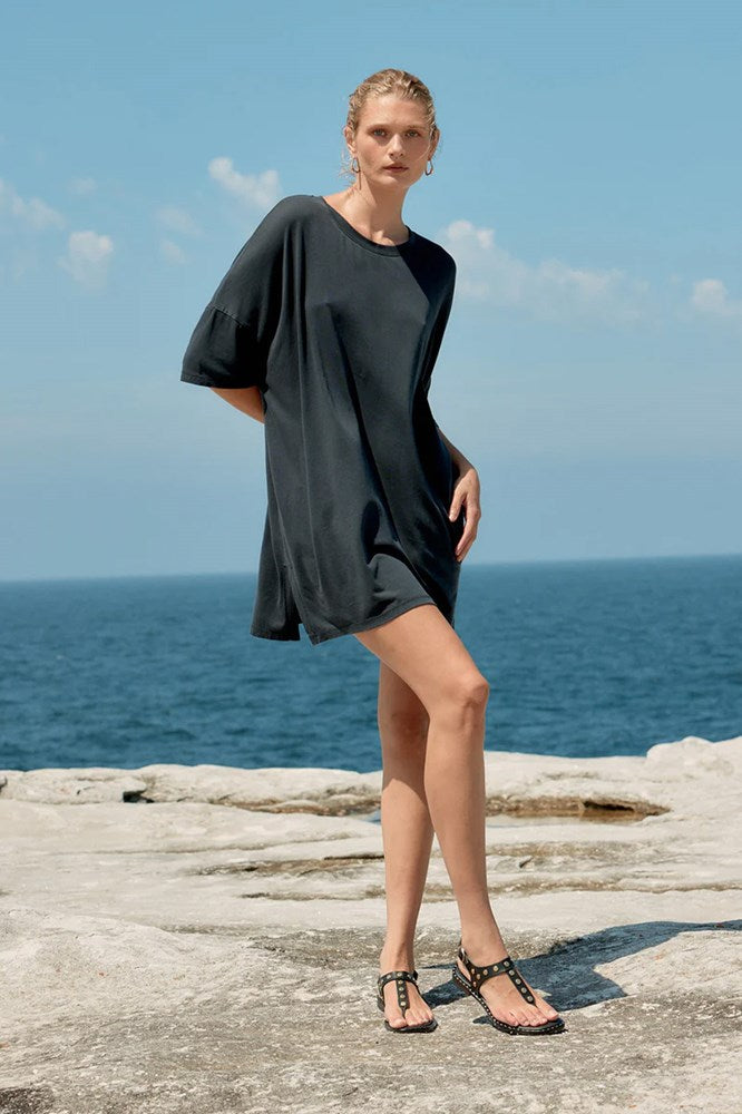 Cotton/Tencel Short T-Shirt Dress - Washed Black