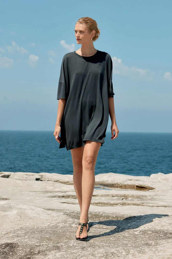 Cotton/Tencel Short T-Shirt Dress - Washed Black