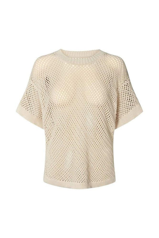 Ebru Grid Knit T Shirt - Chalk