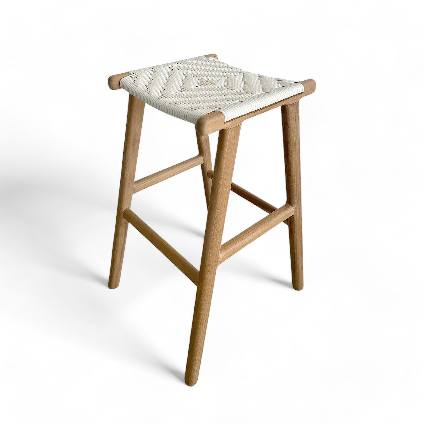 (FAULTY) Woven White Synthetic Rattan & Teak Patio Bar Stool