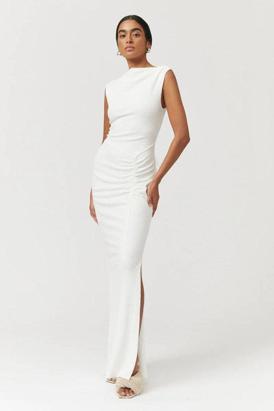 Jacqui Rouched Front Midi Dress - White