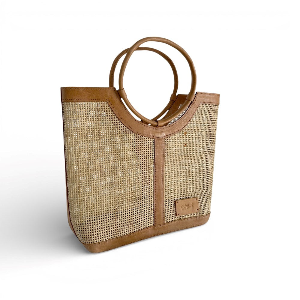 Kalea Rattan and Tan Leather Tote Bag