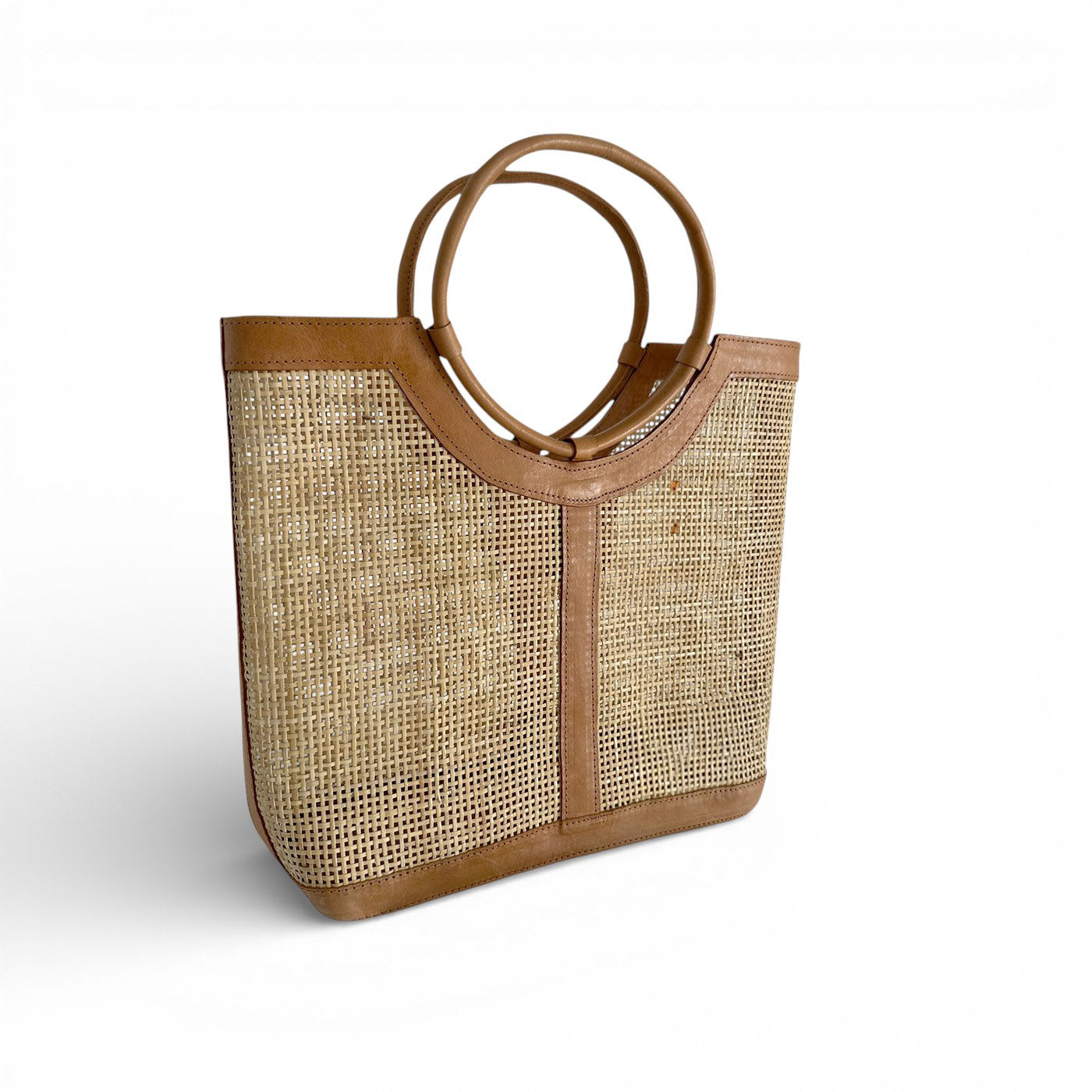 Kalea Rattan and Tan Leather Tote Bag