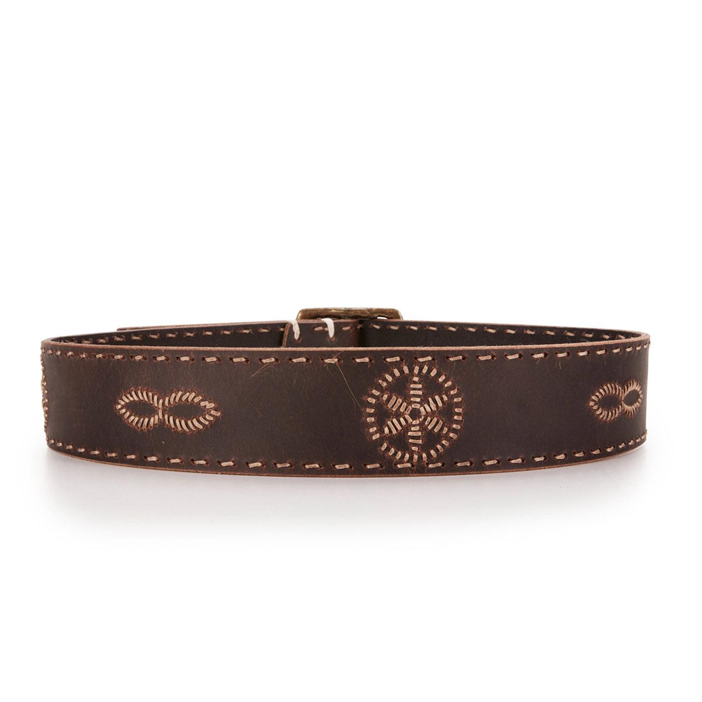 Leather Wide Embroidered Belt - Chocolate