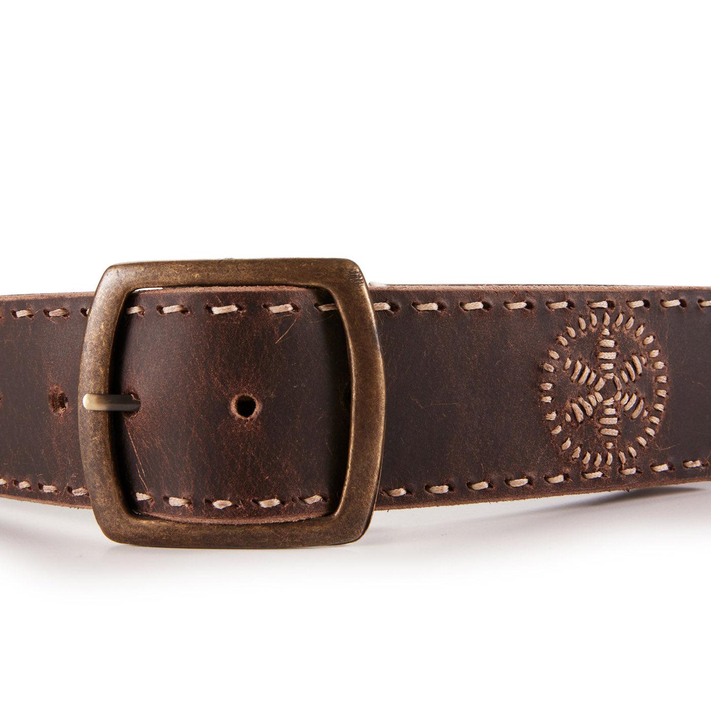 Leather Wide Embroidered Belt - Chocolate