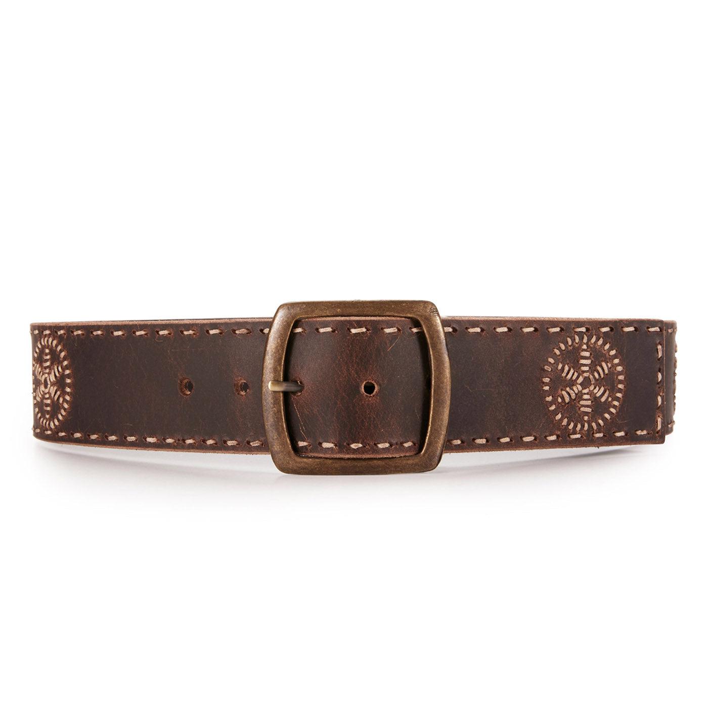 Leather Wide Embroidered Belt - Chocolate