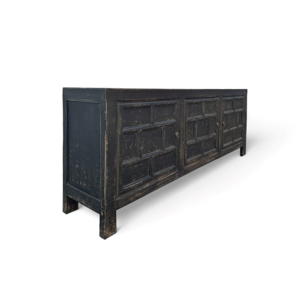 Linden Black Distressed Elm 3 Door Cabinet