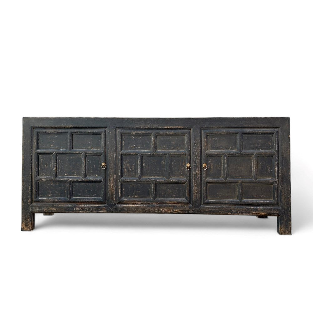 Linden Black Distressed Elm 3 Door Cabinet