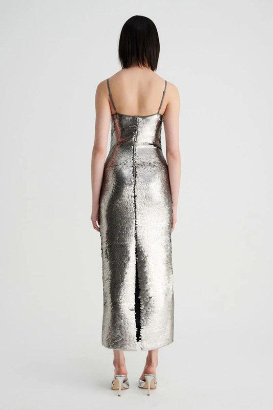Luna Strappy Midi Column Dress Silver