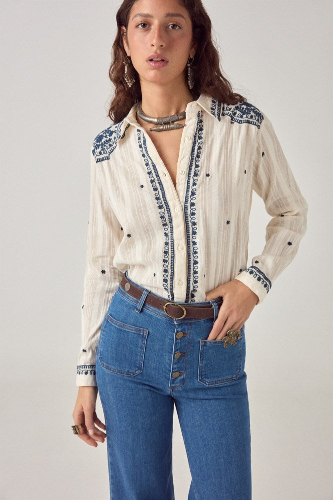 Salinger Shirt - Cream/Indigo - Maison Hotel