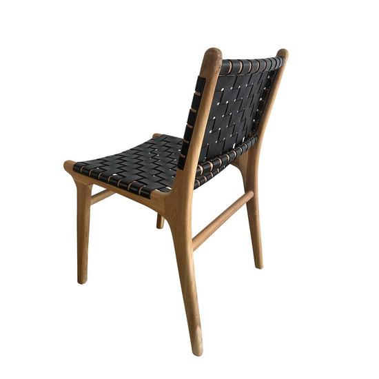 Mid Century Modern Black Woven Leather and Teak Dining Chair