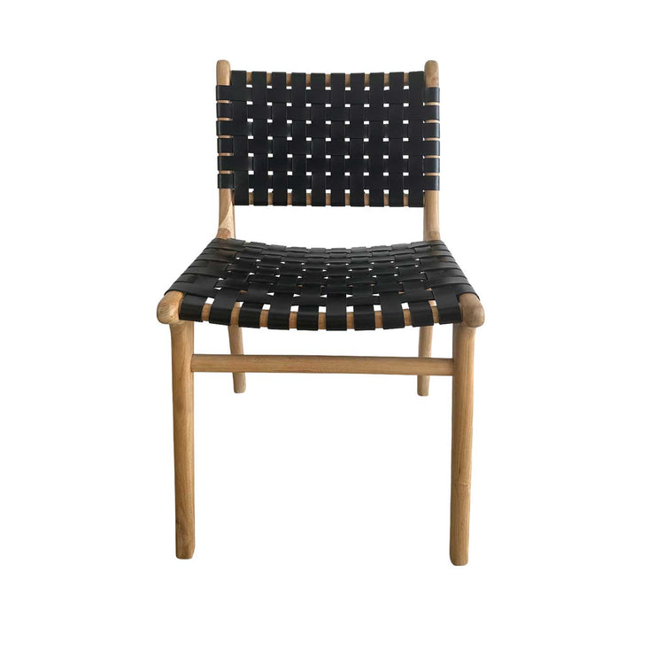 Mid Century Modern Black Woven Leather and Teak Dining Chair