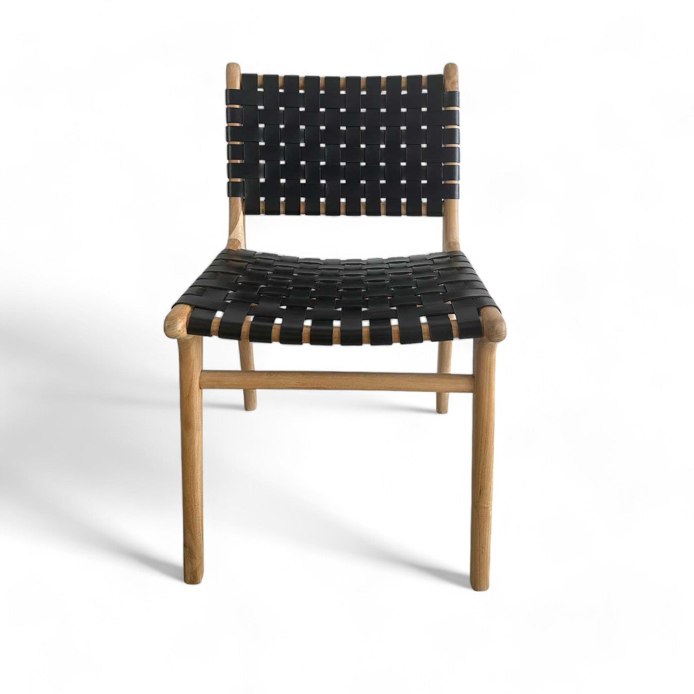 Mid Century Modern Black Woven Leather and Teak Dining Chair