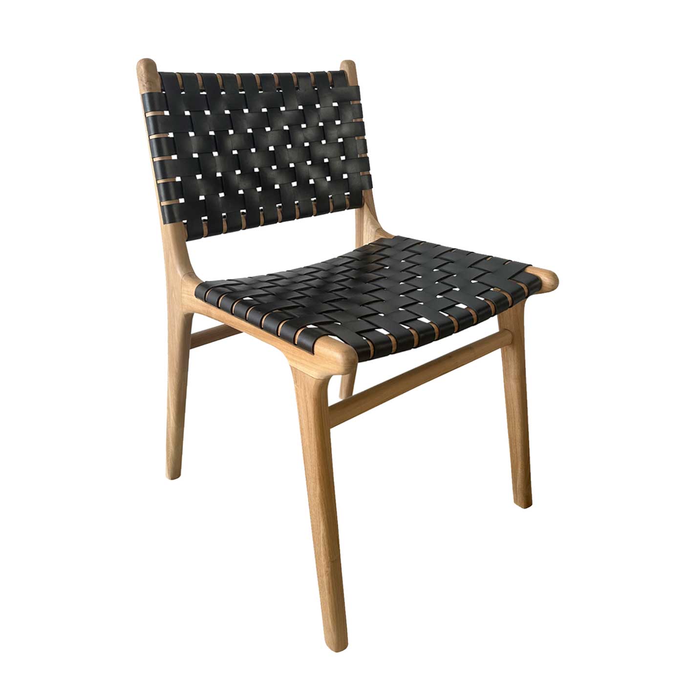 Mid Century Modern Black Woven Leather and Teak Dining Chair