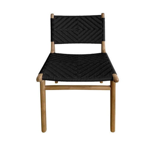 Mid Century Modern Black Woven Outdoor Rattan and Teak Dining Chair