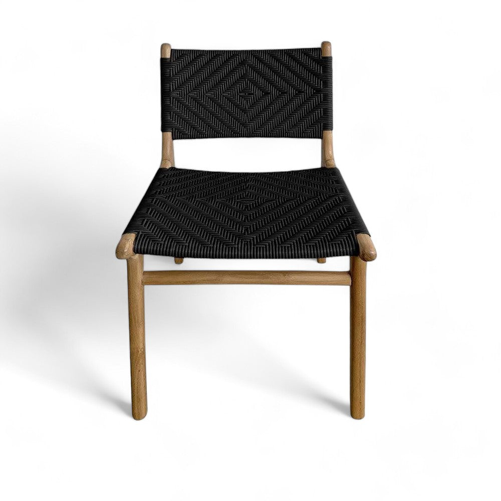 Mid Century Modern Black Woven Outdoor Rattan and Teak Dining Chair