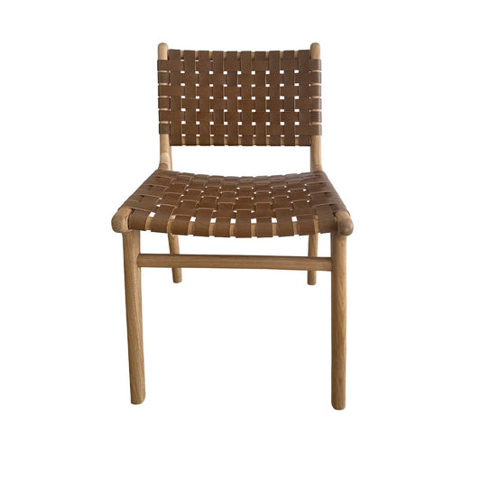 Mid Century Modern Tan Woven Leather and Teak Dining Chair