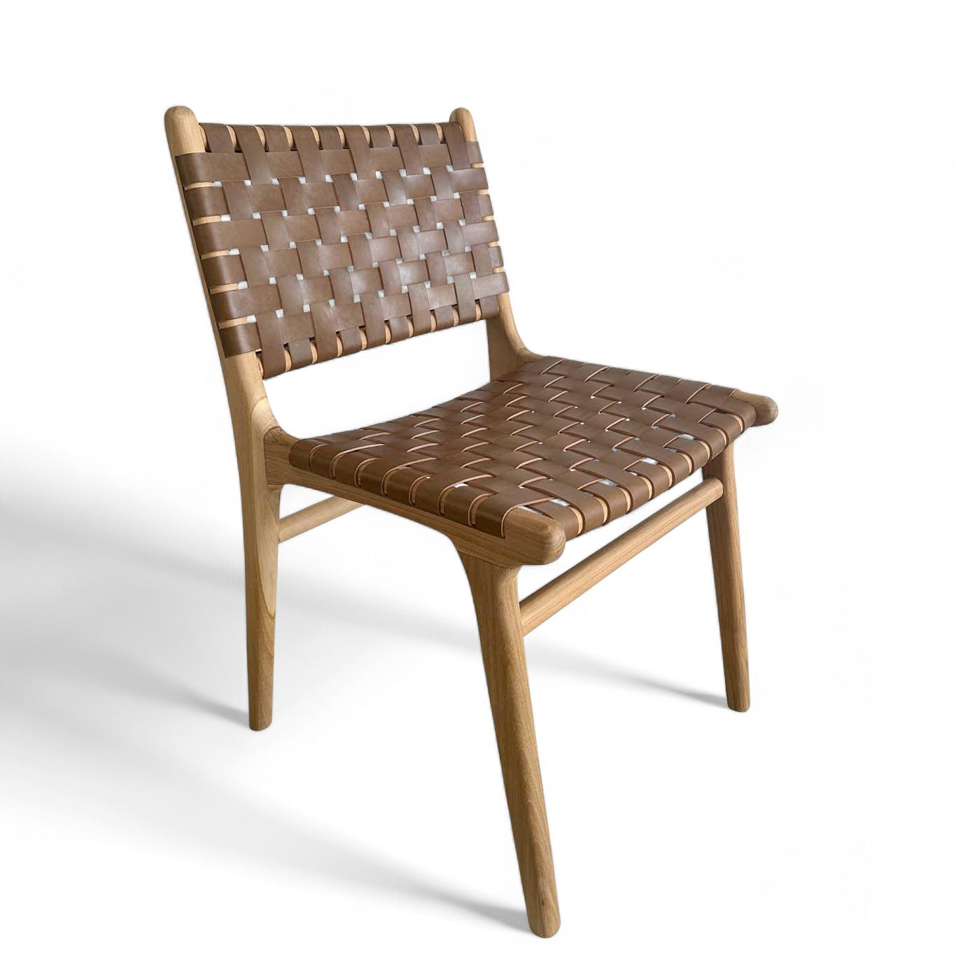 Mid Century Modern Tan Woven Leather and Teak Dining Chair