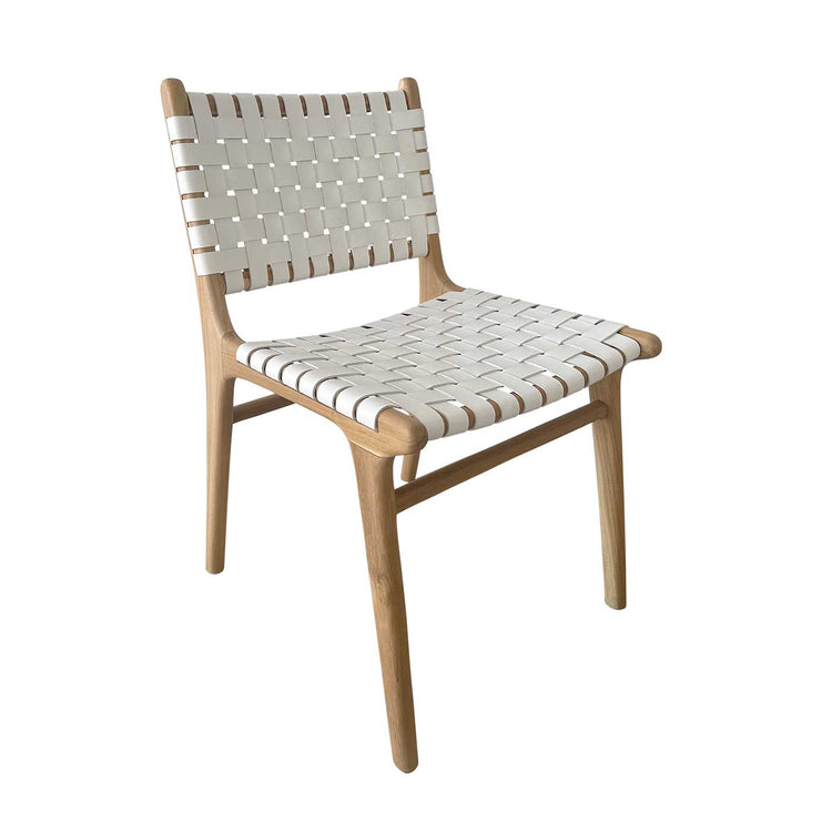 Mid Century Modern White Woven Leather and Teak Dining Chair