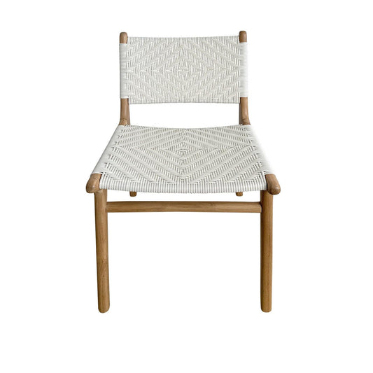 Mid Century Modern White Woven Outdoor Rattan and Teak Dining Chair