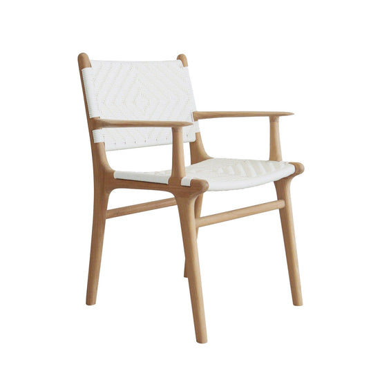 Mid Century Modern White Woven Outdoor Rattan and Teak Dining Chair with Arms