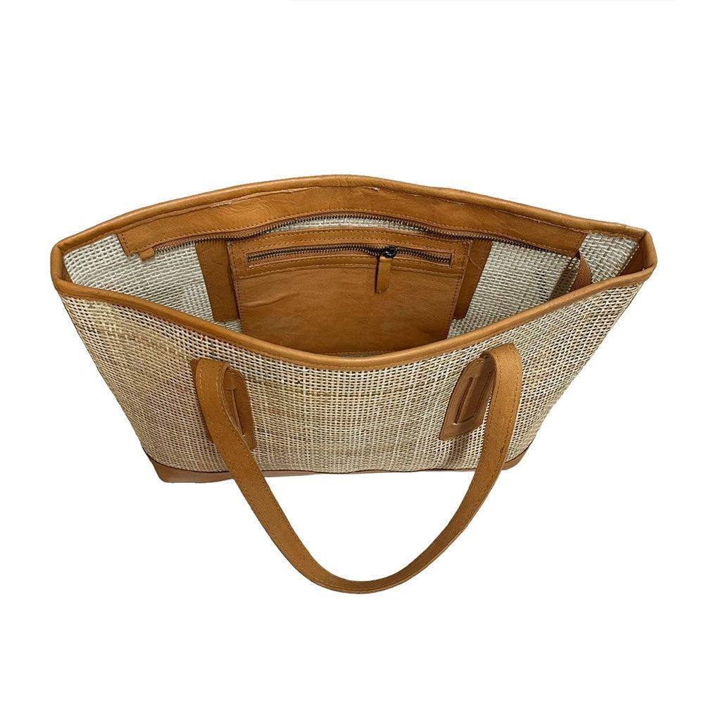 Mila Rattan and Leather Tote Bag Front Detail - Tan