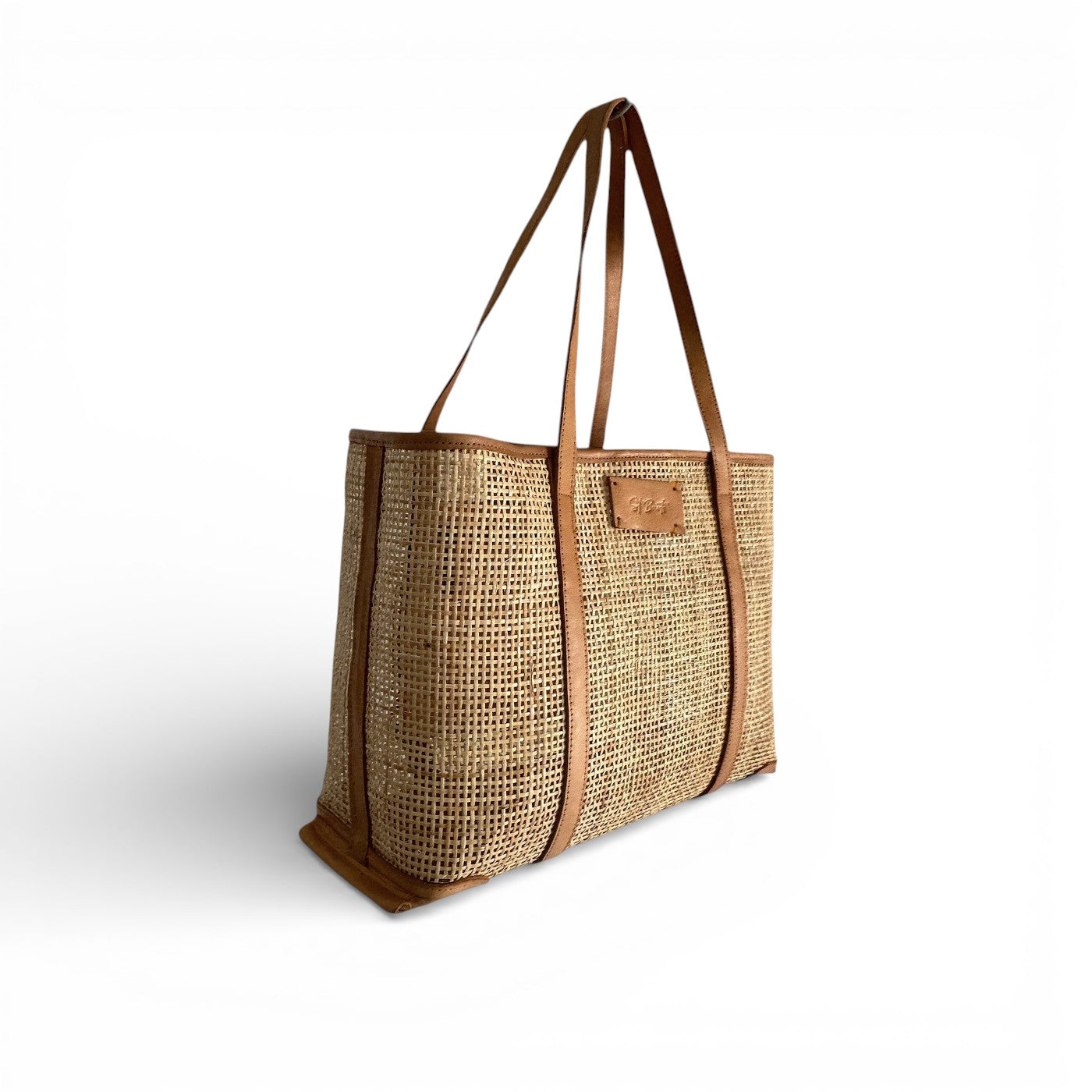 Mila Rattan and Leather Tote Bag Front Detail - Tan