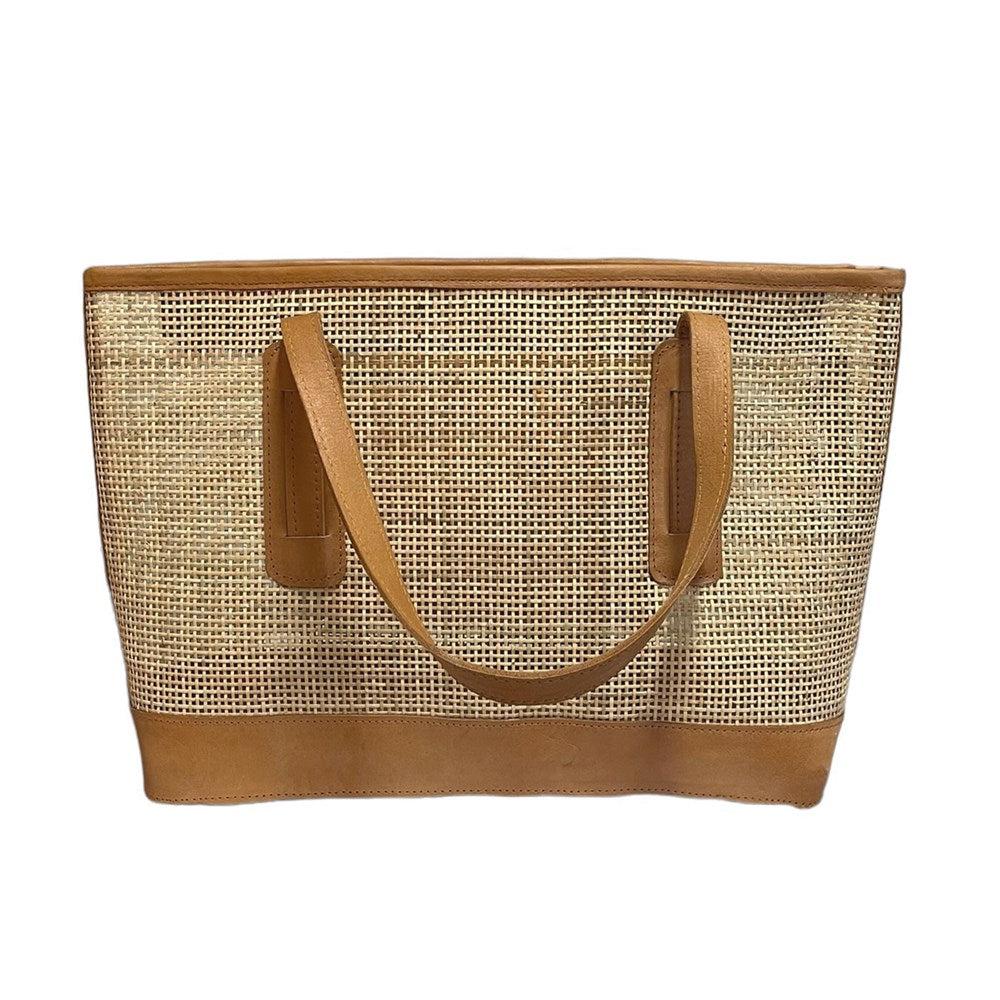 Mila Rattan and Leather Tote Bag Front Detail - Tan