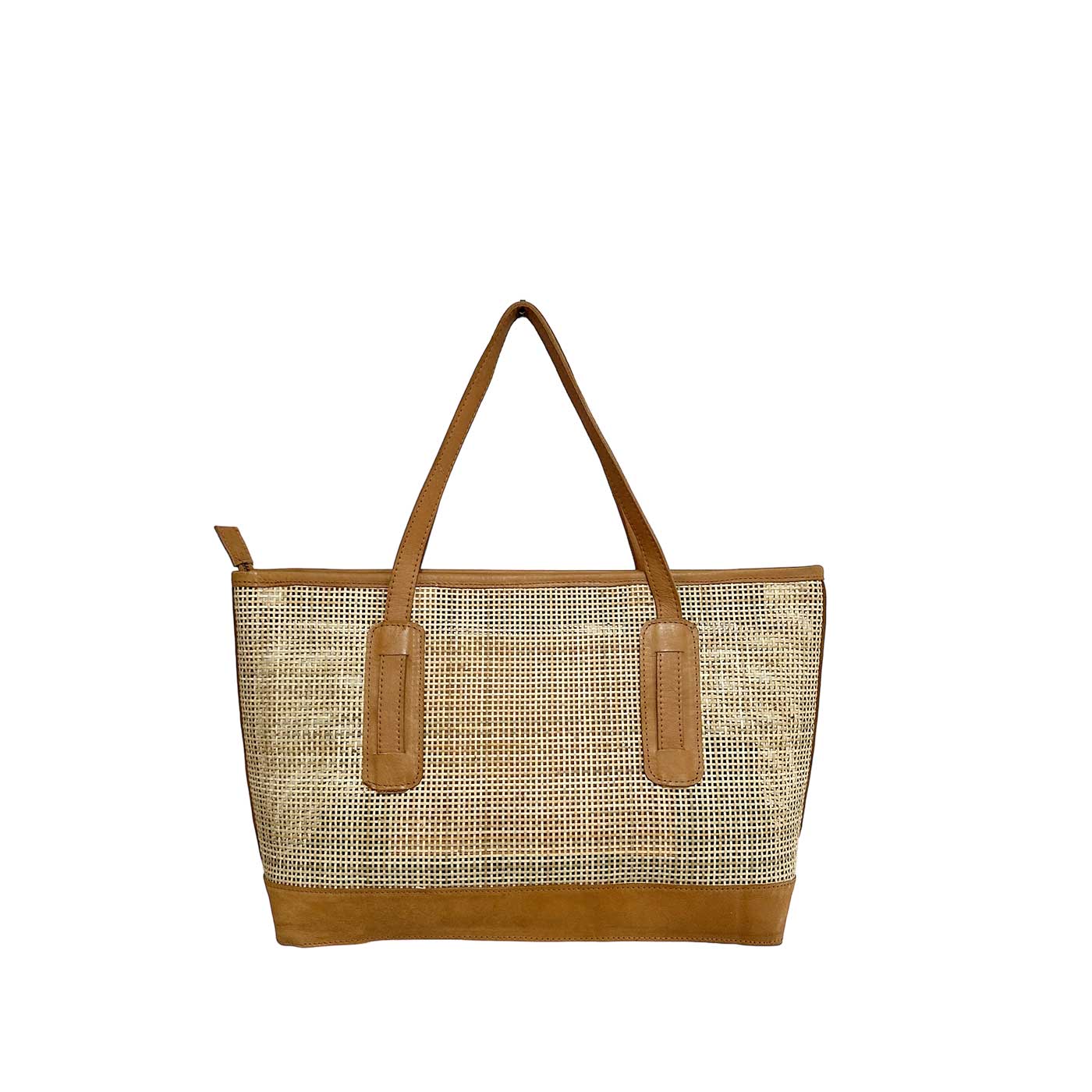 Mila Rattan and Leather Tote Bag Front Detail - Tan