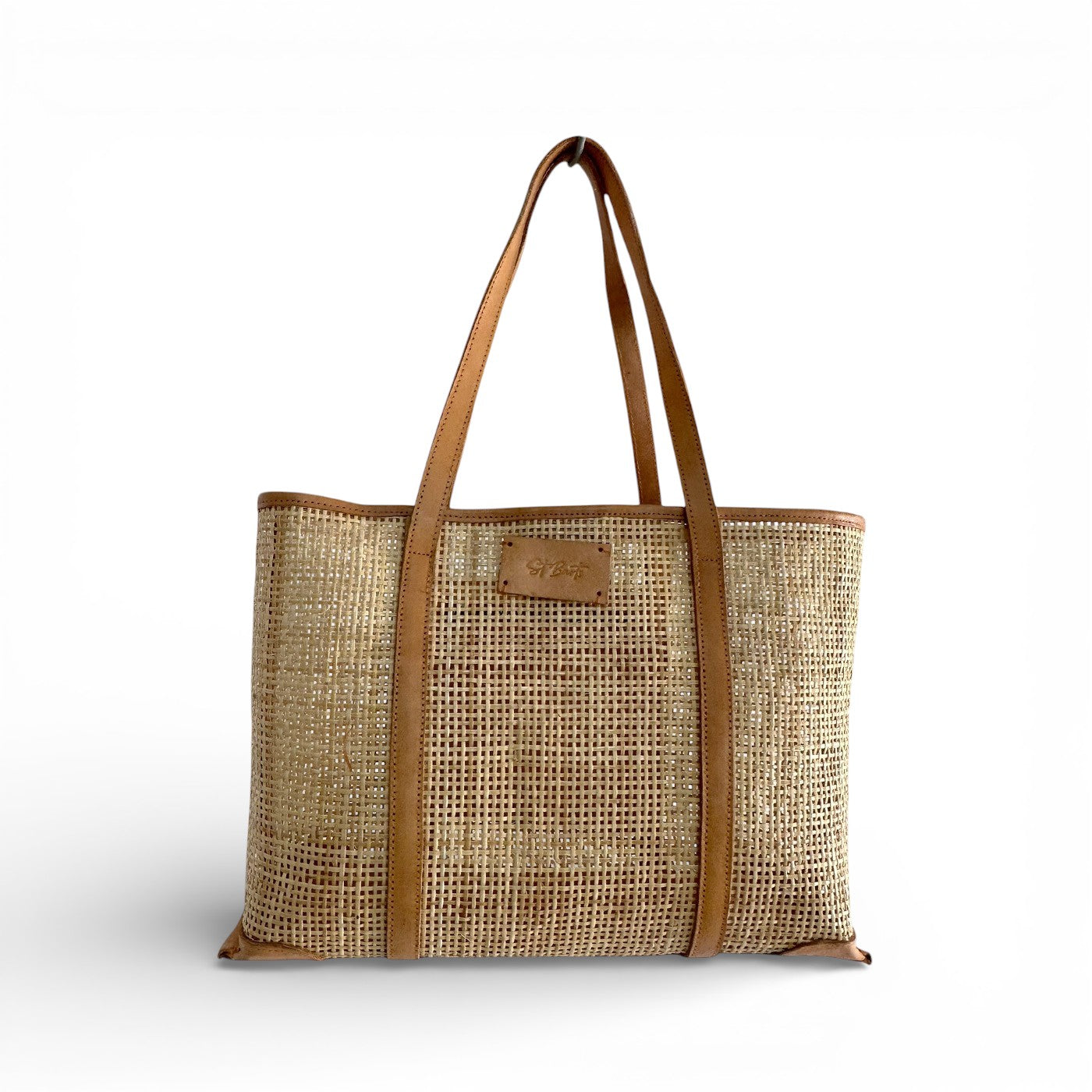 Mila Rattan and Leather Tote Bag Front Detail - Tan
