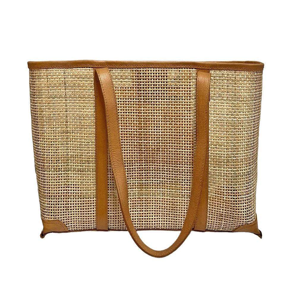 Mila Rattan and Leather Tote Bag - Tan Large