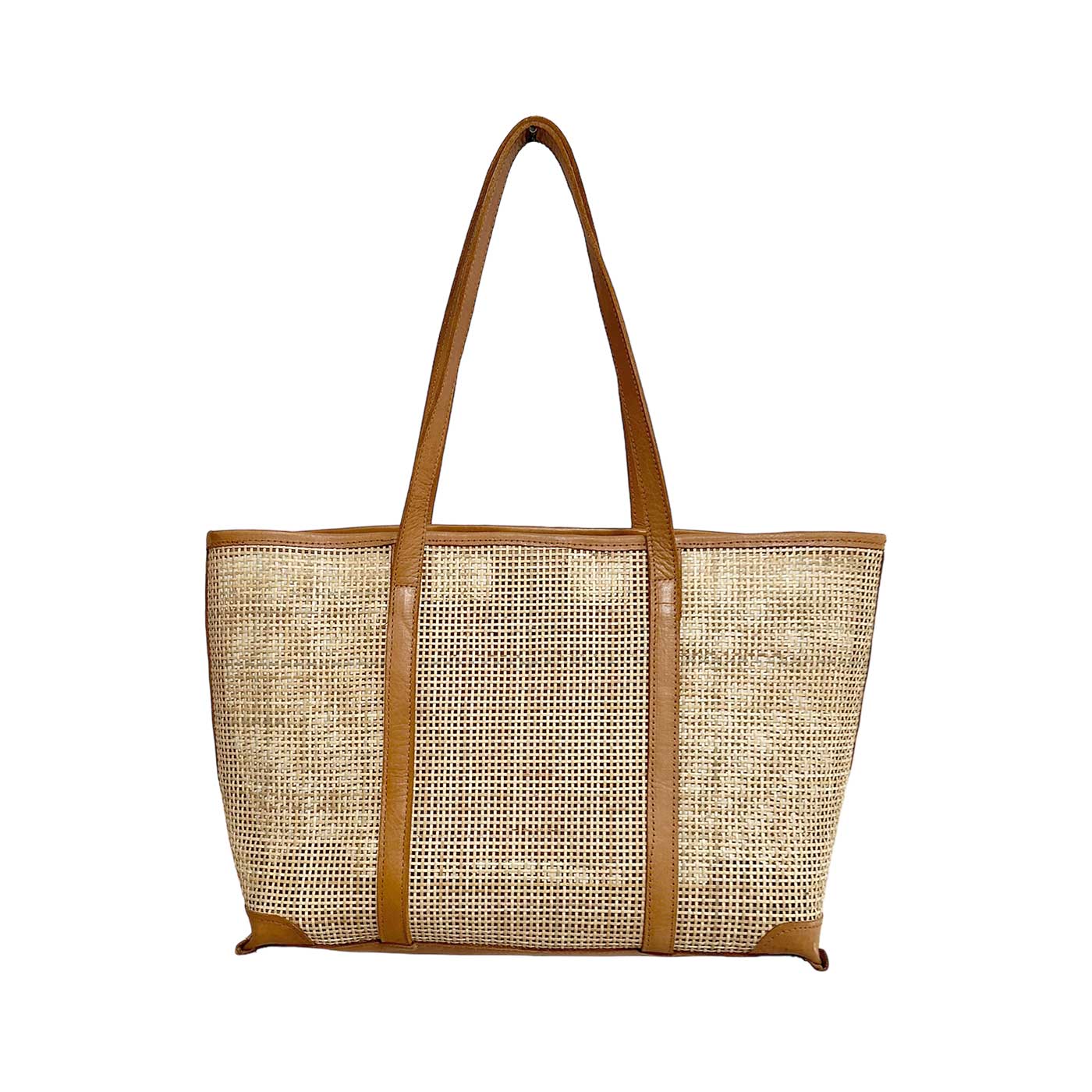 Mila Rattan and Leather Tote Bag - Tan Large