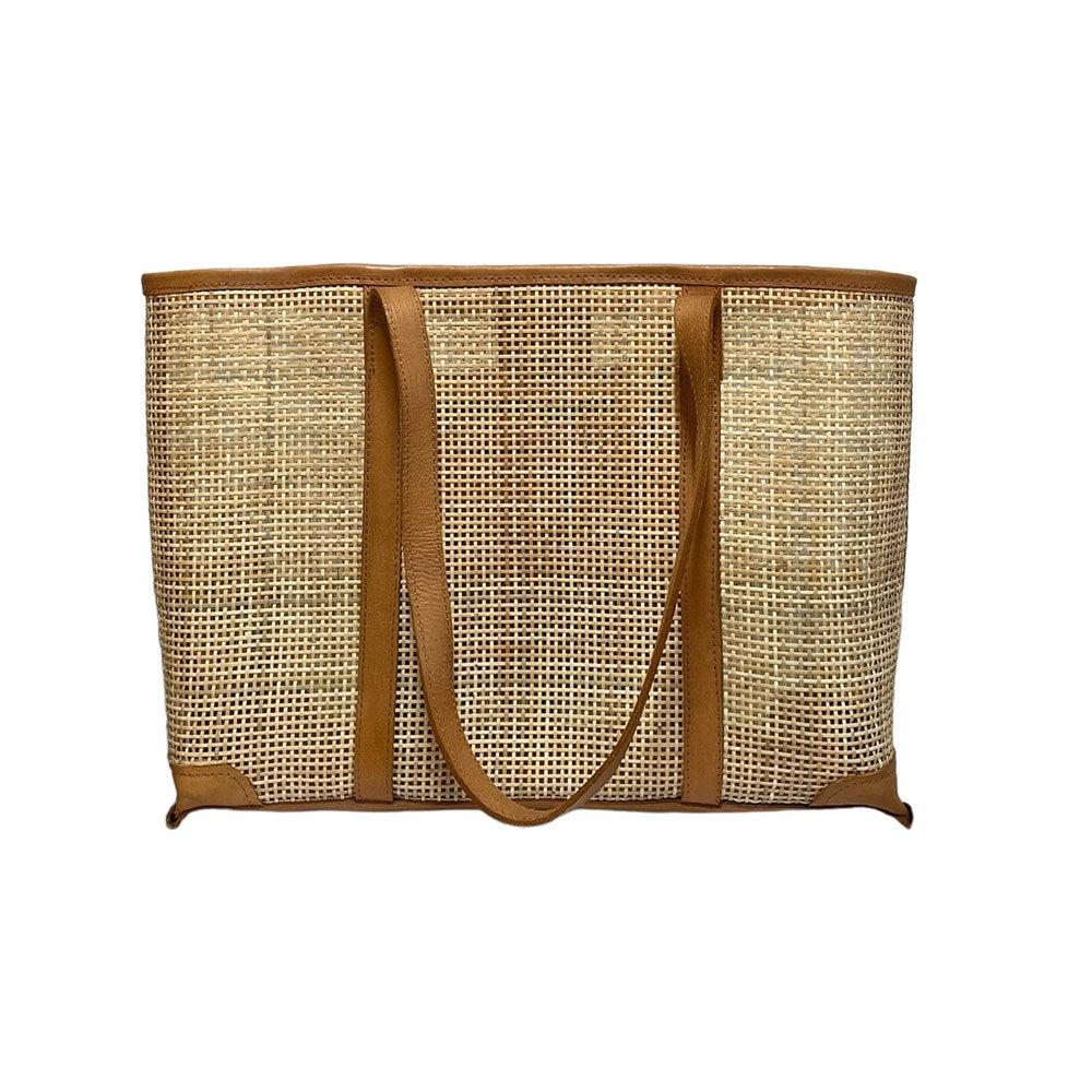 Mila Rattan and Leather Tote Bag - Tan Medium